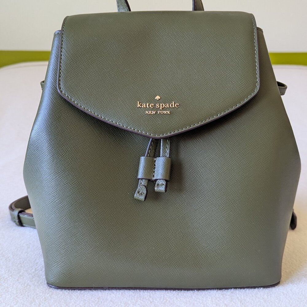 LIKE NEW Kate Spade Lizzie Saffiano Leather Flap Backpack, Olive